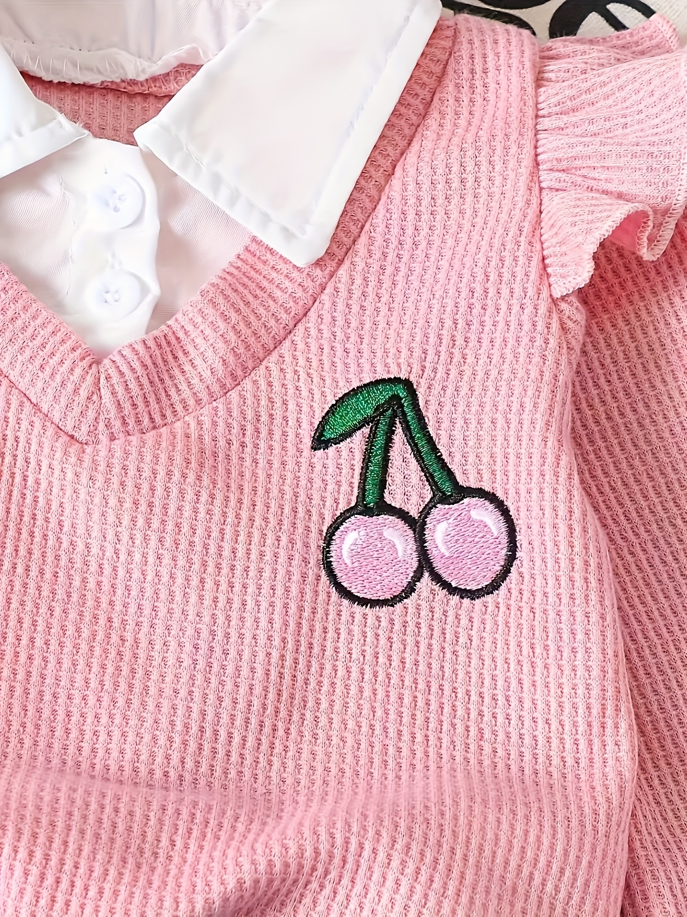 spring and autumn casual sweet and   for baby girls a pink waffle collar faux two piece top   with cherry embroidered straight leg elastic waist faux denim set   everyday   and play for outdoor Product details 7