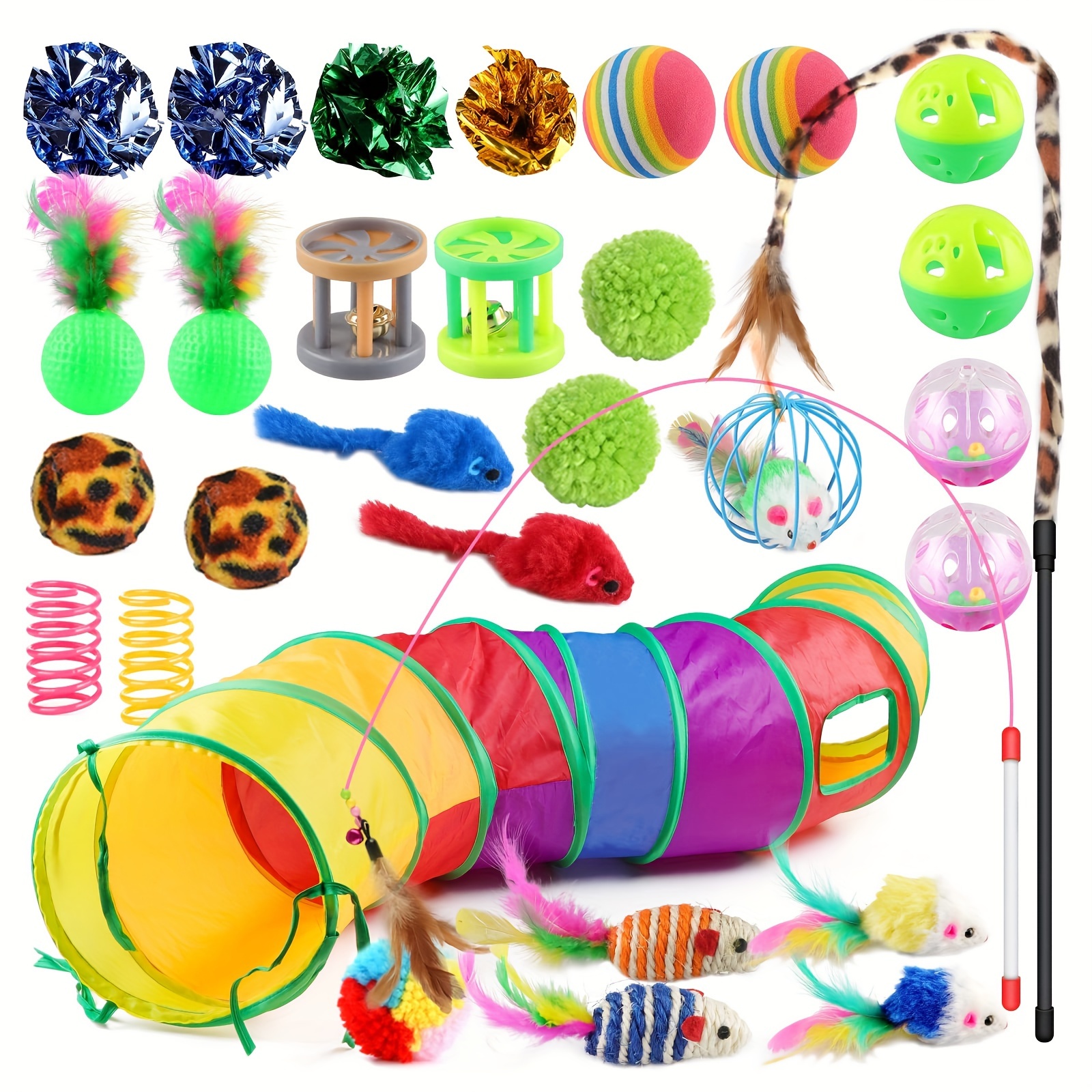 

32pcs/set Cat Toy Bundle, Indoor Kitten Play Set With Collapsible Rainbow Cat Tunnel, Feather Teaser Wand, Plush Mice, Balls & Bells, Assorted Plastic & Plush Materials