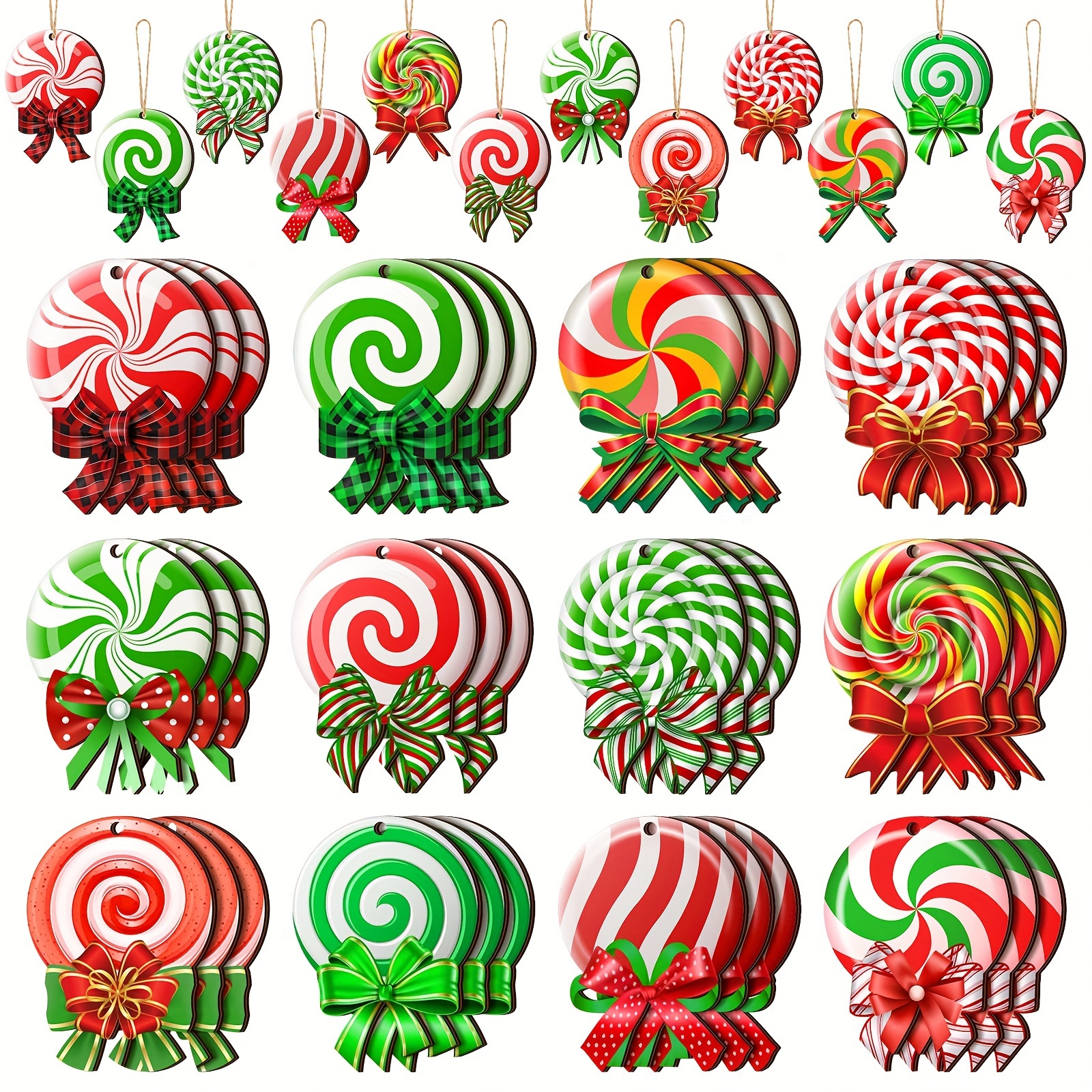 

24-pack Wooden Peppermint Christmas Tree Ornaments - Candy Cane And Lollipop Designs, Non-electric, Featherless Holiday Decorations For Home & Party