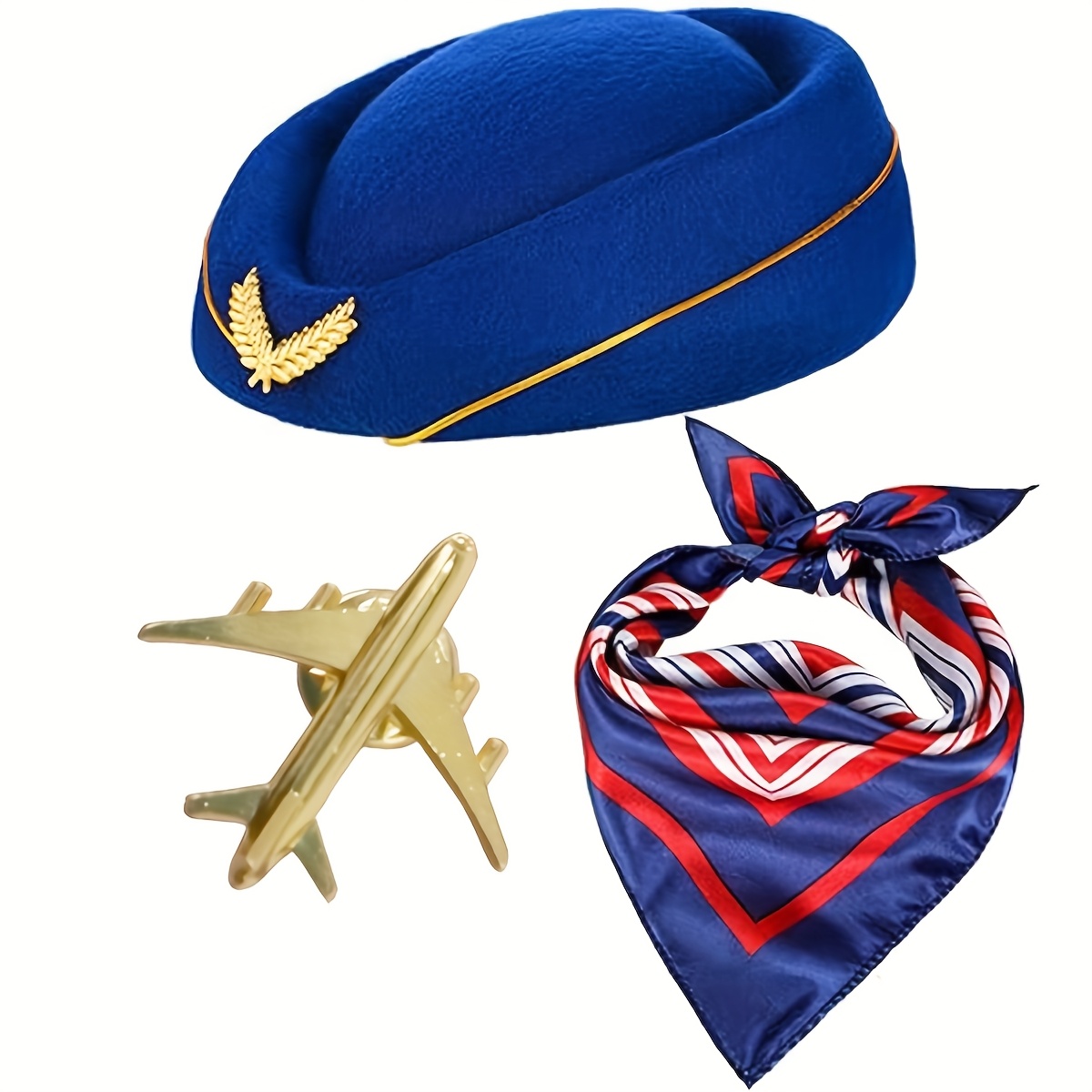 E-shop 3-tlg. Damen-Stewardessen-Kostüm-Zubehör-Set, Stewardessen-Hut Schal für Airline-Cosplay Halloween-Verkleidung