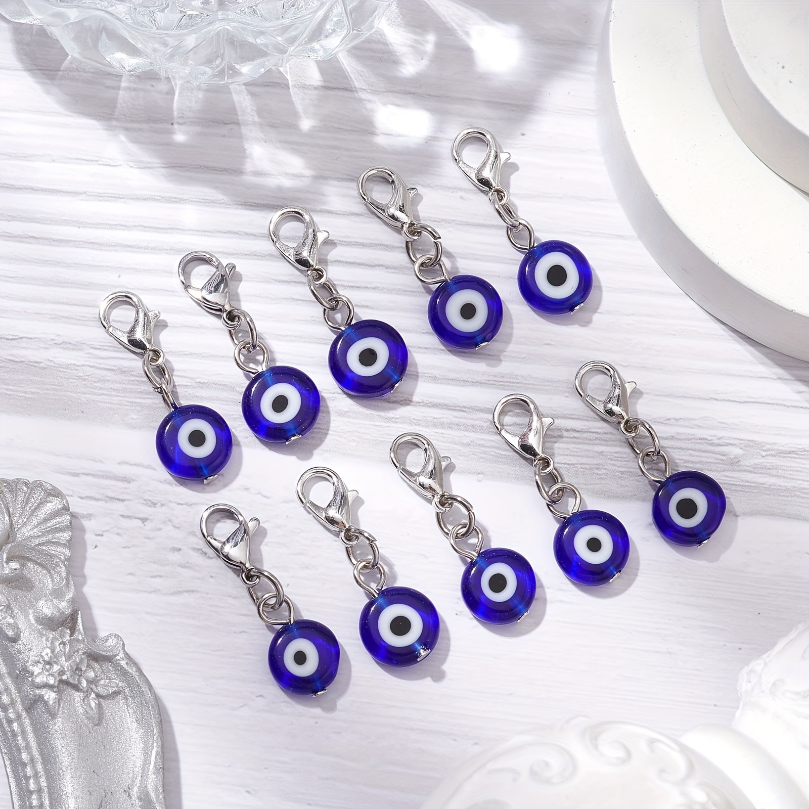 Image of 10pcs/set Handmade Evil Eye Lampwork Pendant Decoration, Alloy Clasps Charms For Bag Ornaments, Blue