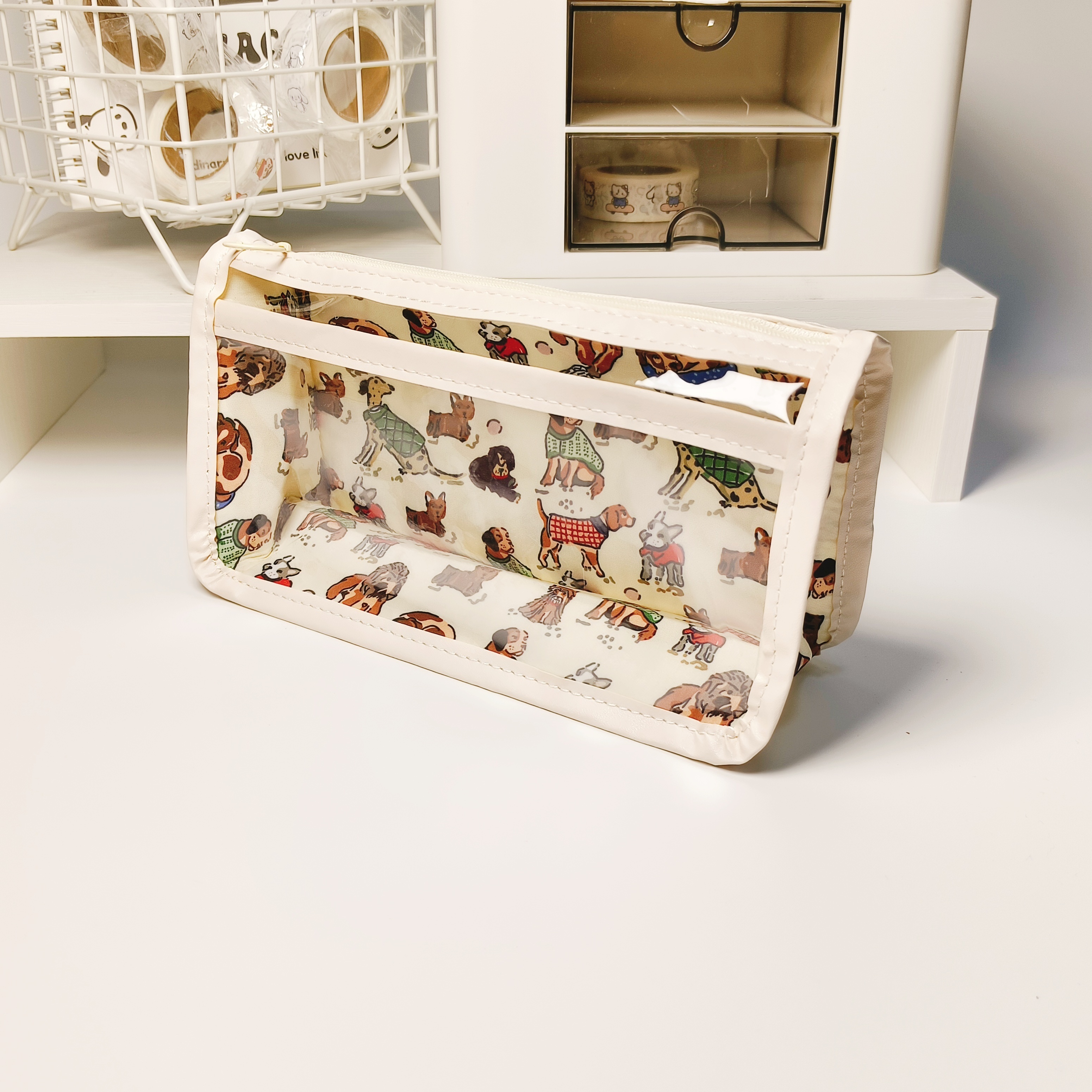 

Vintage Puppy Design Semi-transparent Oxford Fabric Pencil Case