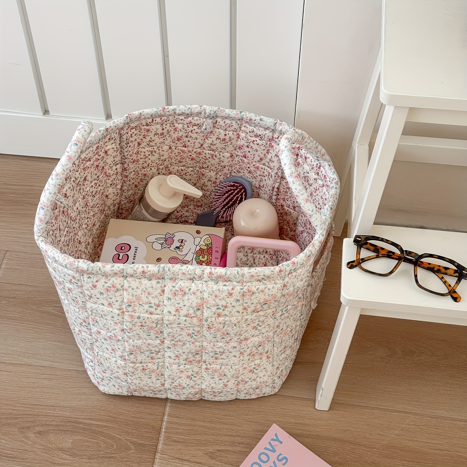 Floral Storage Basket For Home Use, Fabric Tote Bag For Organizing, Large Capacity Miscellaneous Basket, Flower-patterned Storage Bin, Shelf Baskets