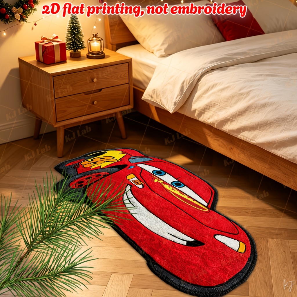 TEMU 2d Flat 1pc Wavy Irregular Floor Mat Yx418 - Red Race Car Design - Warm And Cute Long Runner Rug, Soft And Comfortable, Suitable For Bedroom,