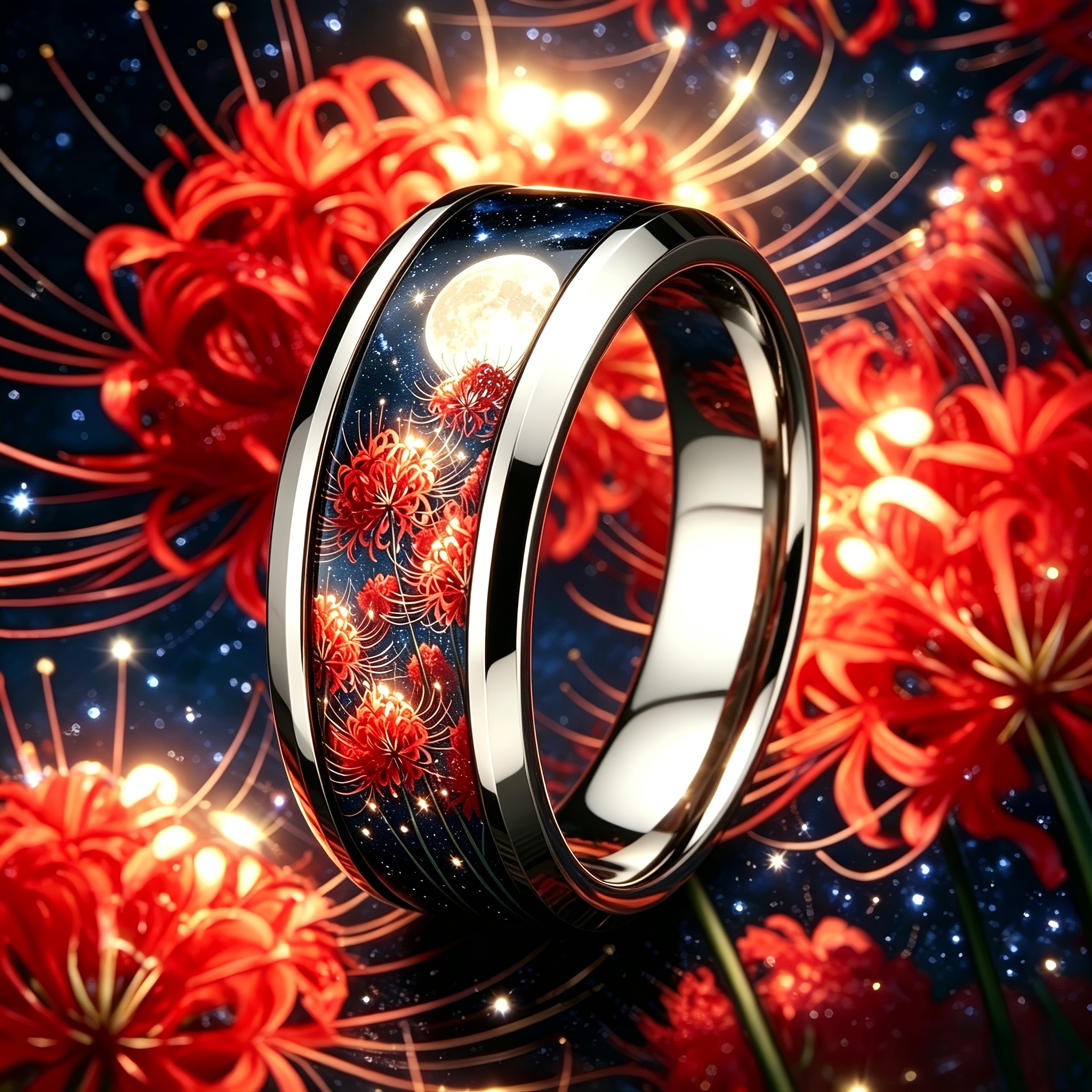 Moonlit Poppy Print 304L Stainless Steel Ring with Starry Sky Inlay
