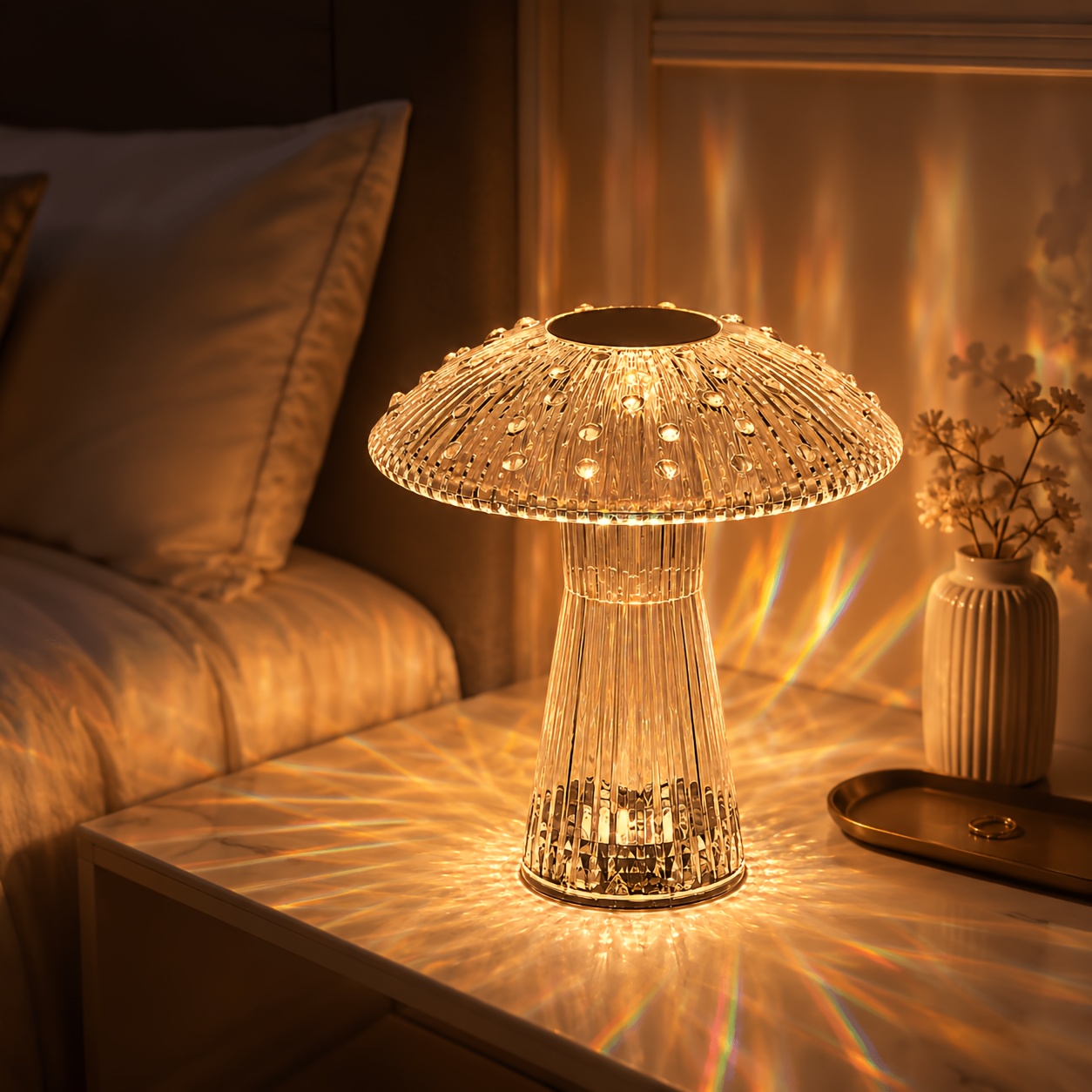 Clear ridged mushroom-shaped lamp casting warm patterned light
