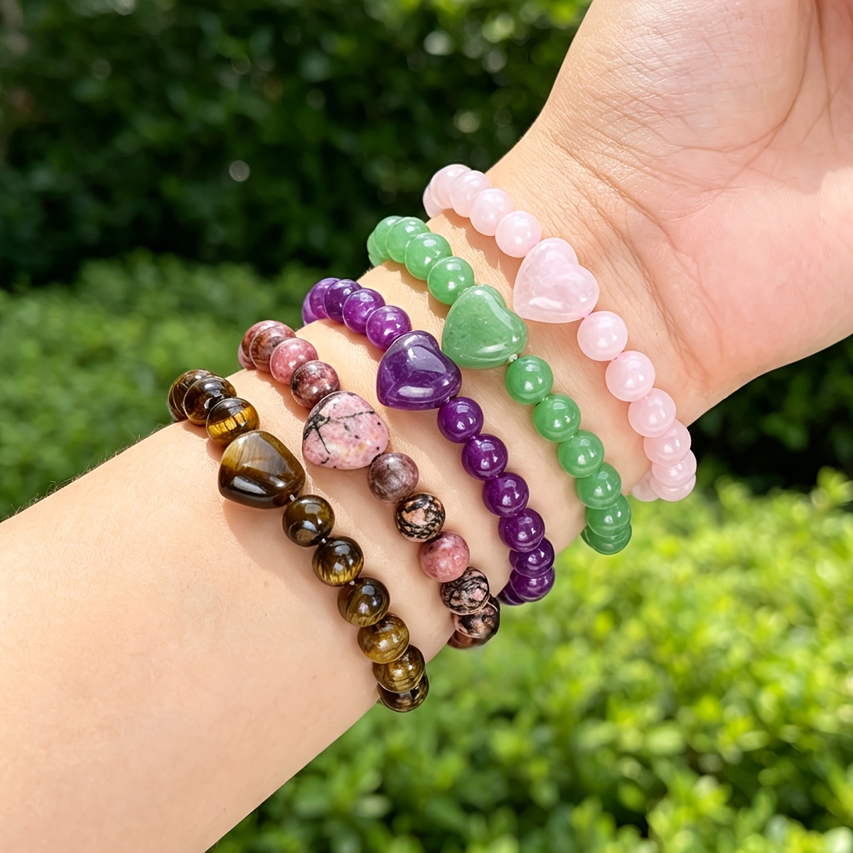 Women's Natural Stone Bead Bracelet Set, Rose Quartz & Amethyst