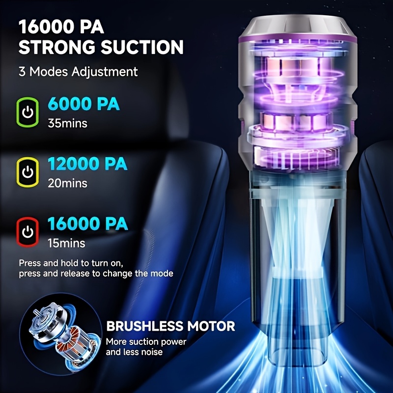 16000pa high 100w brushless motor vacuum cleaner 2000mah 3 handheld car vacuum cleaner air dust remover 4 in 1 portable vacuum suitable for cars and camping Product details 1