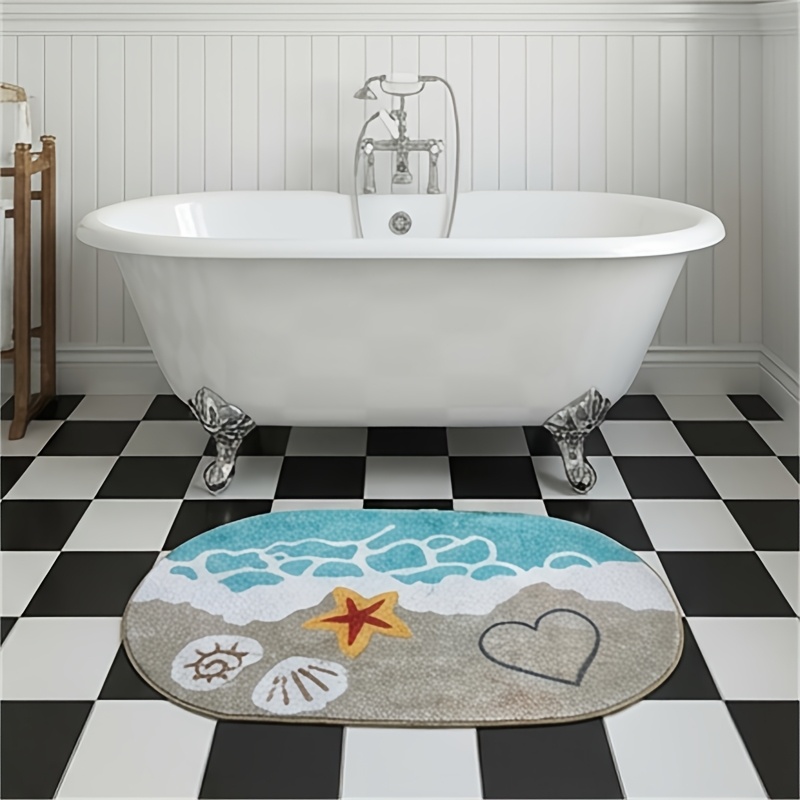E-shop Plüsch-Badezimmermatte aus kaschmirähnlichem Kunstfasergewebe – Ovale Bodenmatte mit Meeresmotiv, Strandseestern & Herz-Design, rutschfeste,