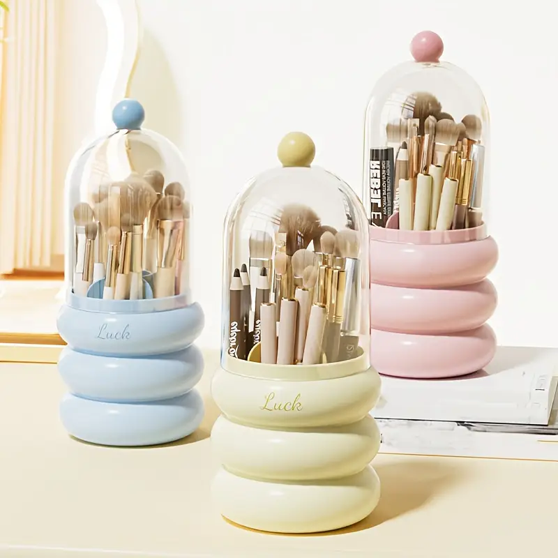 1pc rotating makeup organizer with brush holder multi compartment cosmetic office storage box durable plastic countertop organizer for bathroom vanity desk space saving design for pens brushes toothbrushes makeup brushes makeup vanity desk polished sturdy construction home organizers material home organizers Product details 2