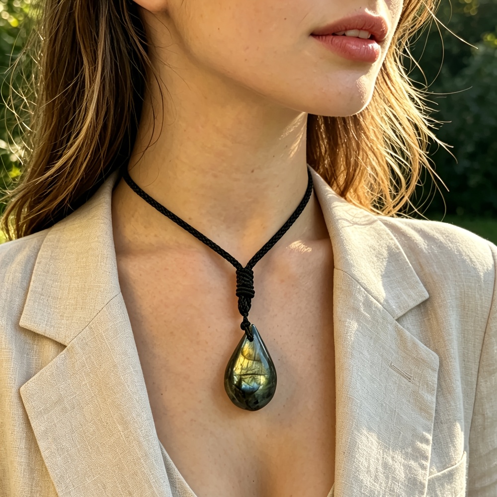 Handmade Iridescent Labradorite Necklace, Boho Water Droplet Pendant