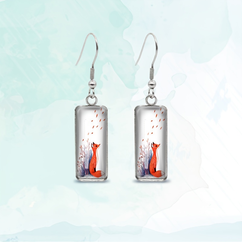 TEMU A Pair Of Square Glass Earrings Featuring Sleeping Foxes And Floral Designs