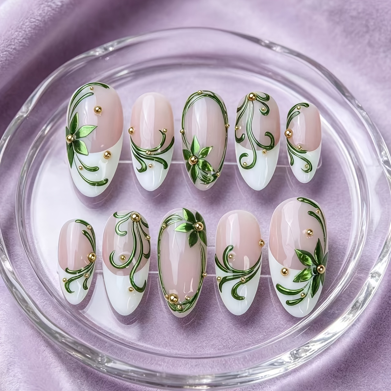 TEMU 10pcs Y2k Sweet Everyday Versatile Nude Pink Green Floral Stripe Golden Bead Press-on Nails, Removable Artificial Nails