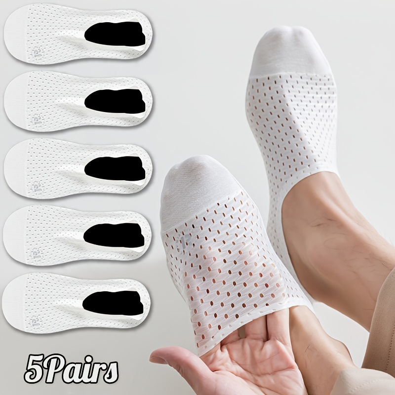 E-shop 5-Pack Weiße Herrensocken in Uni-Farben mit Hitzetransfer-Etikett – Atmungsaktives Mesh, Rutschfest – Hochwertige Unsichtbare Socken mit