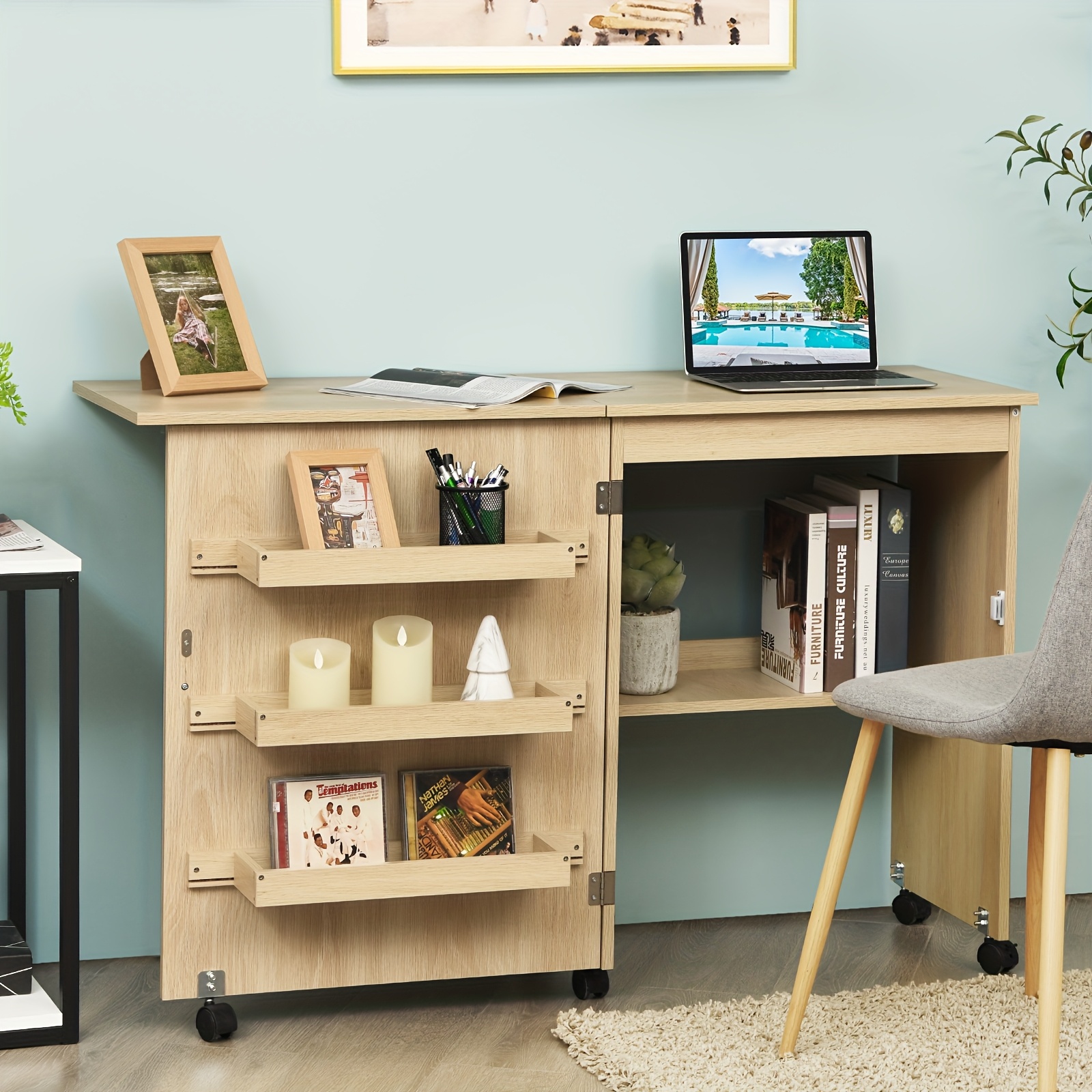 Foldable Sewing Cabinet Sewing Machine Table Sewing Machine Cabinet Table Desk Work Table On Castors Nature