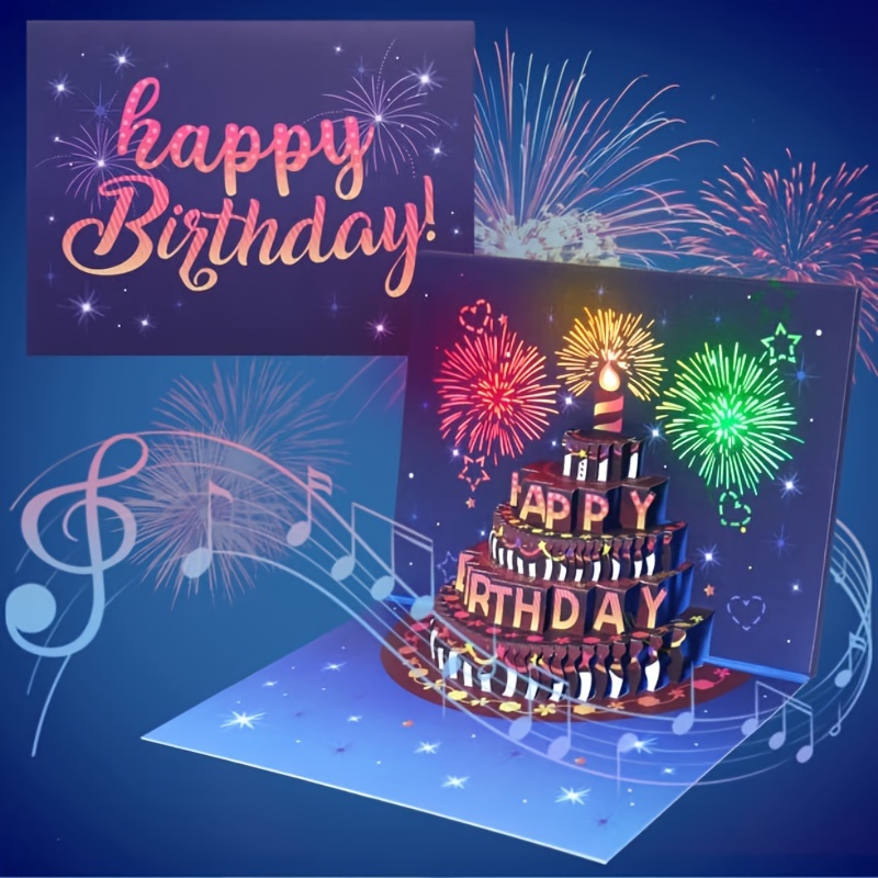 

3d Pop-up Musical Birthday Greeting Card With Laser Cut Design And Glowing Fireworks - Cartoon Patterned For Anyone Special Occasion