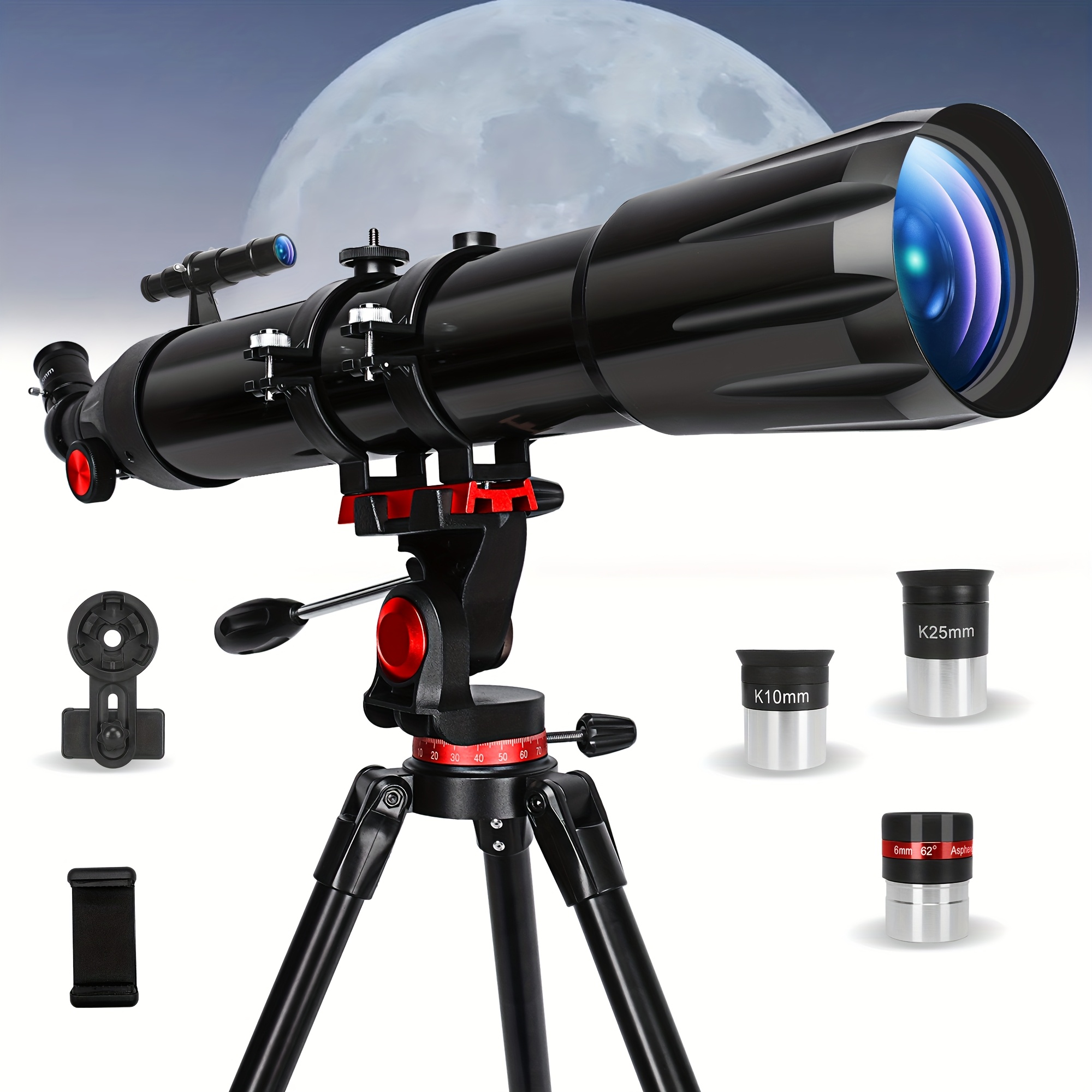 Image of High Power Telescope With A 90mm Aperture, Designed For Astronomy. It Includes 3 Eyepieces, A Phone Adapter, And A Carry Bag, Making It Perfect For Camping, Nature Observation, Education