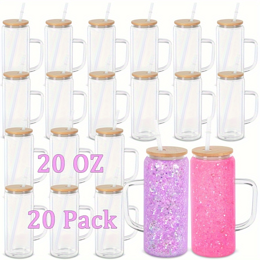 20 Pack 20 Oz * Cup With Handle, Pre Drilled Double Wall * Tumbler With  Bamboo Lid And Plug, Glass Coffee Mug Beer Glass Can For * Glitter DIY