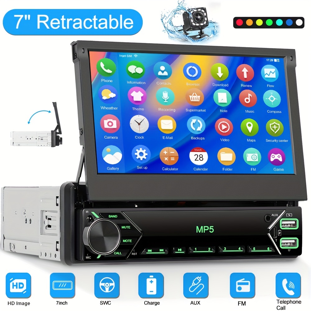 

Podofo 1 Din Car Radio Wireless Kit With 7 Inch Manual Extendible Display With Fm Radio Swc Type-c Aux Reversing Camera