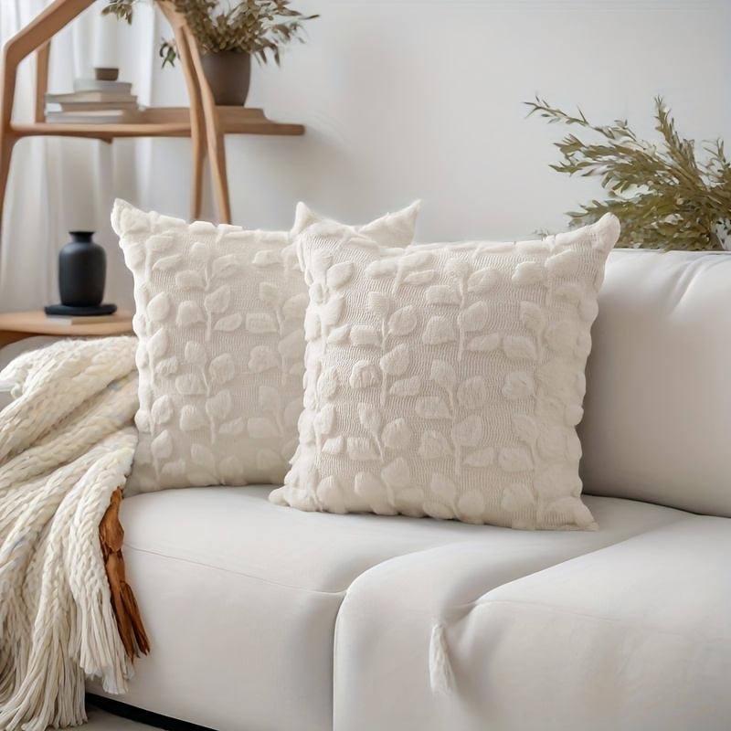 Set Of 2 Leaf Pillowcases, 18x18 Inches, Cottage Decor White Eucalyptus Plush Jacquarded Cushion Cover, Bedroom Sofa Home Decor Pillowcase