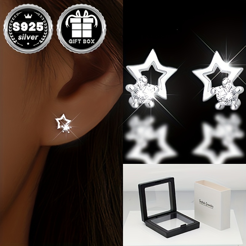 

Classic Star-shaped Zirconia Stud Earrings - 2pc Set - 925 Sterling Silver No-plating - Elegant Design For Wedding, Banquet - Jewelry For & - 0.6g With Gift Box