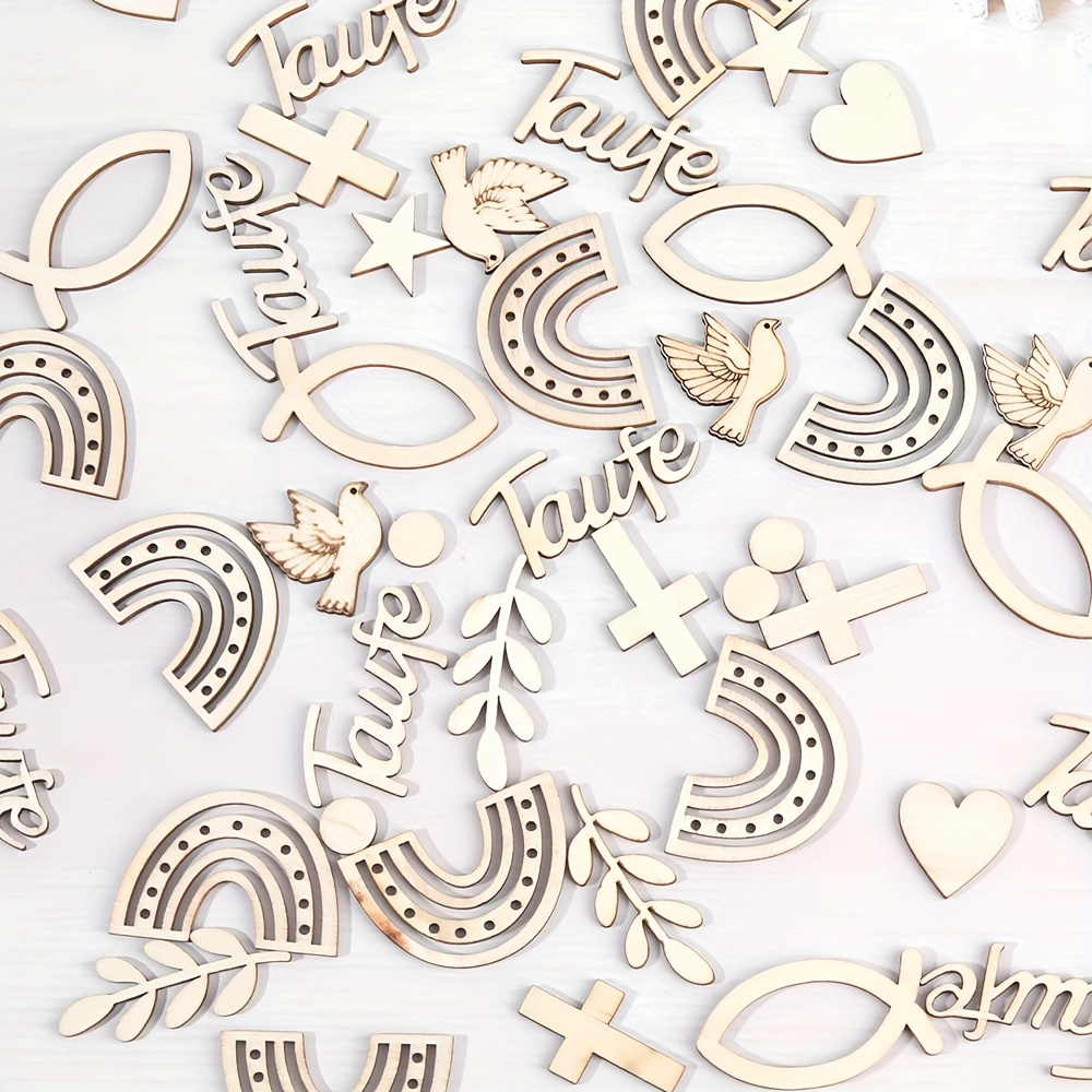 Image of 180pcs Wooden Confetti Set For Baptisms, First Communion, Showers, And Weddings - Includes Fish, , Rainbow Branch, And Designs, Halloween Decorations, Christmas Decorations