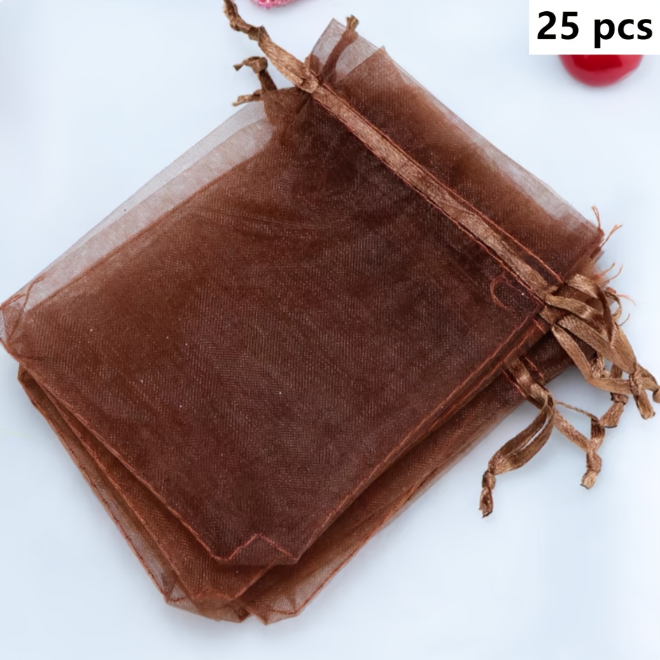 E-shop Geschenk für Sie/Ihn 25 Stück 6x4 Zoll Kaffeebraune transparente Netzbeutel, Organza-Geschenkbeutel mit Kordelzug, Beutel mit Kordelzug für