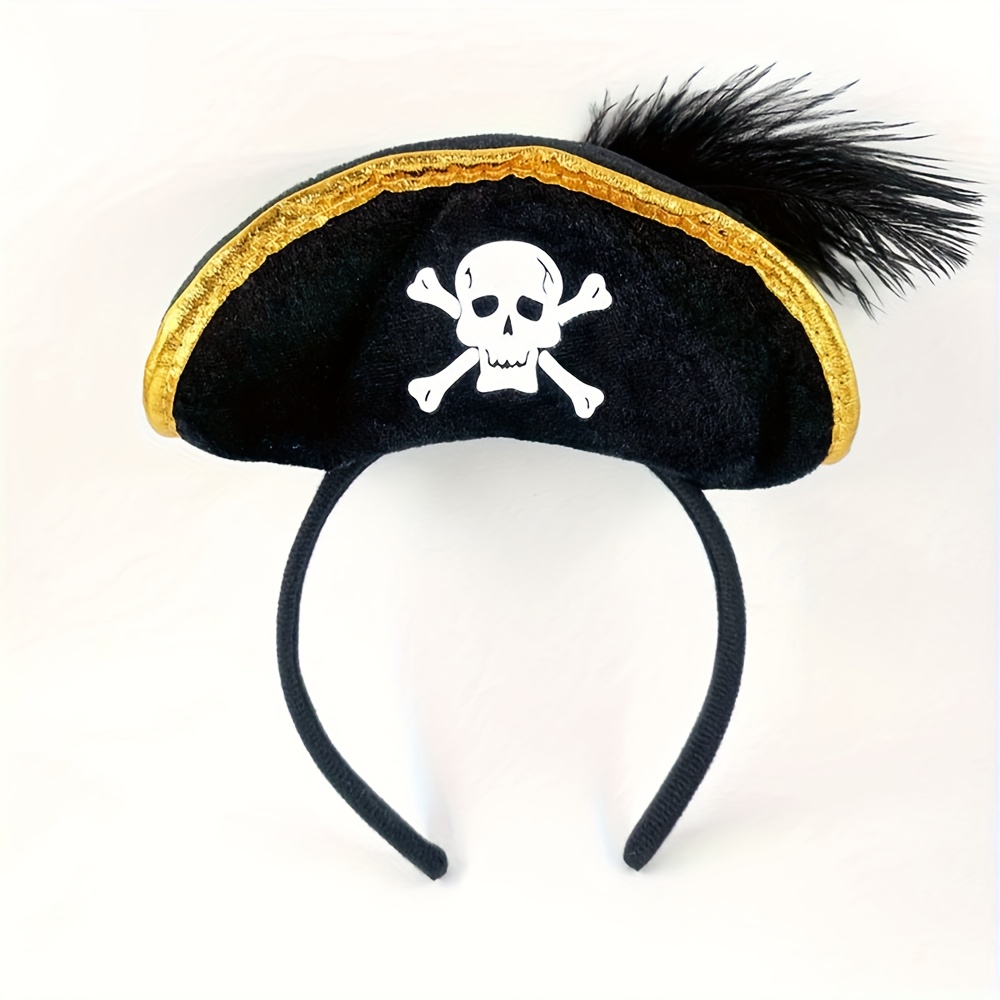 Image of A Captain Headband Featuring Artificial Feathers, Golden Edges, And A Skull Design, Perfect For Halloween, Themed Parties, Costumes, And Pirate Attire Additions, Suitable For Men And Women