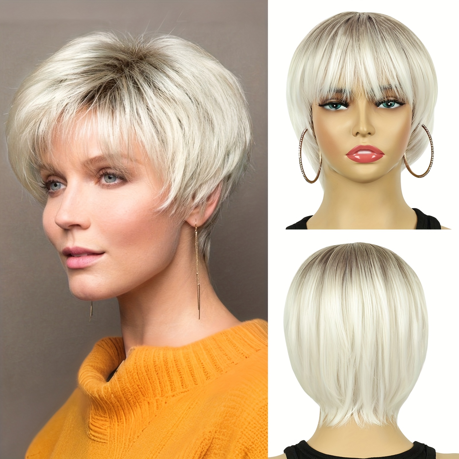 TEMU Short Cut Wig With Bangs 8 Inch Ombre Blonde Short Straight Wigs Cut Wigs With Bangs Synthetich Hair Wig For Women