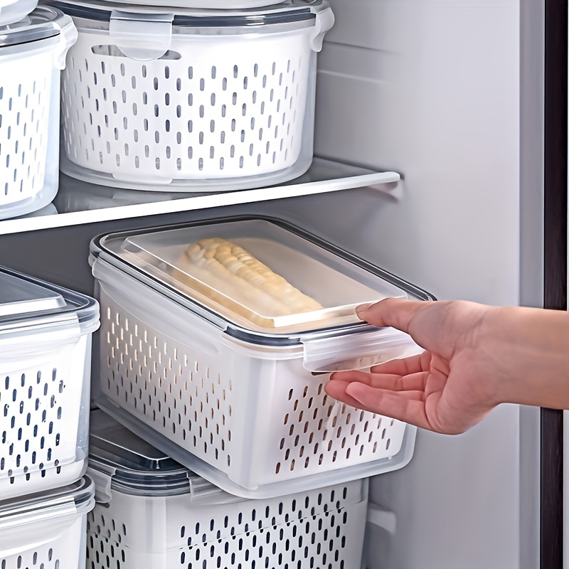 imagem do item conjunto de 6 peças (2 tampas + 2 recipientes + 2 escorredores) recipientes quadrados para armazenamento de alimentos, material pp reutilizável, organizador de geladeira, adequado para  , salsa, coentro,  ,  , ovos, tampas laváveis à mão, recipientes essenciais para armazenamento