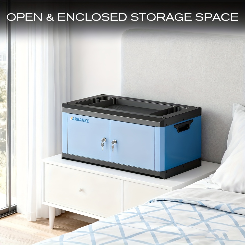 TEMU Lockable Double-door Portable Tool Box With Connecting Holes & Multifunctional Countertop - Heavy-duty Plastic Construction, Interior Storage,