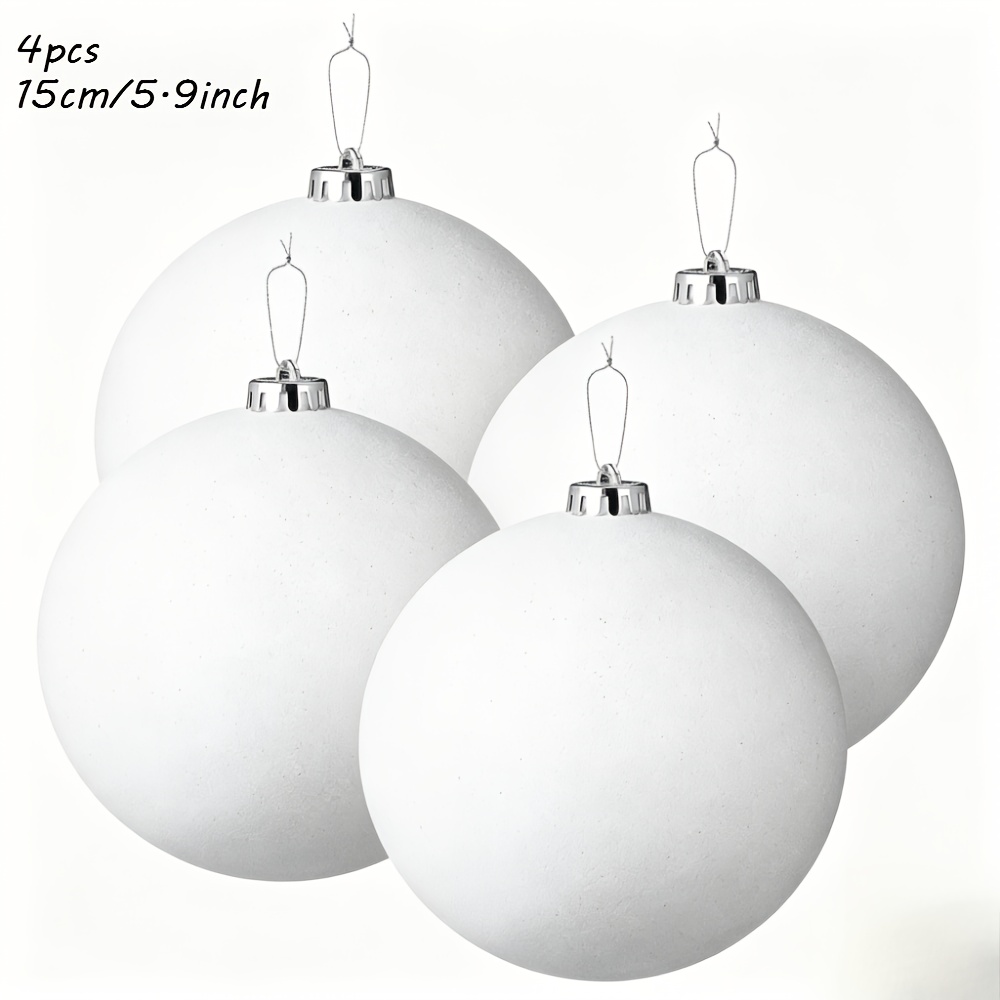 TEMU 4pcs, Large 6inch/ 15cm White Glittered Christmas Ornament, Plastic Ball Decoration With Hanging Hat/ Ring, For Indoor And Outdoor Christmas