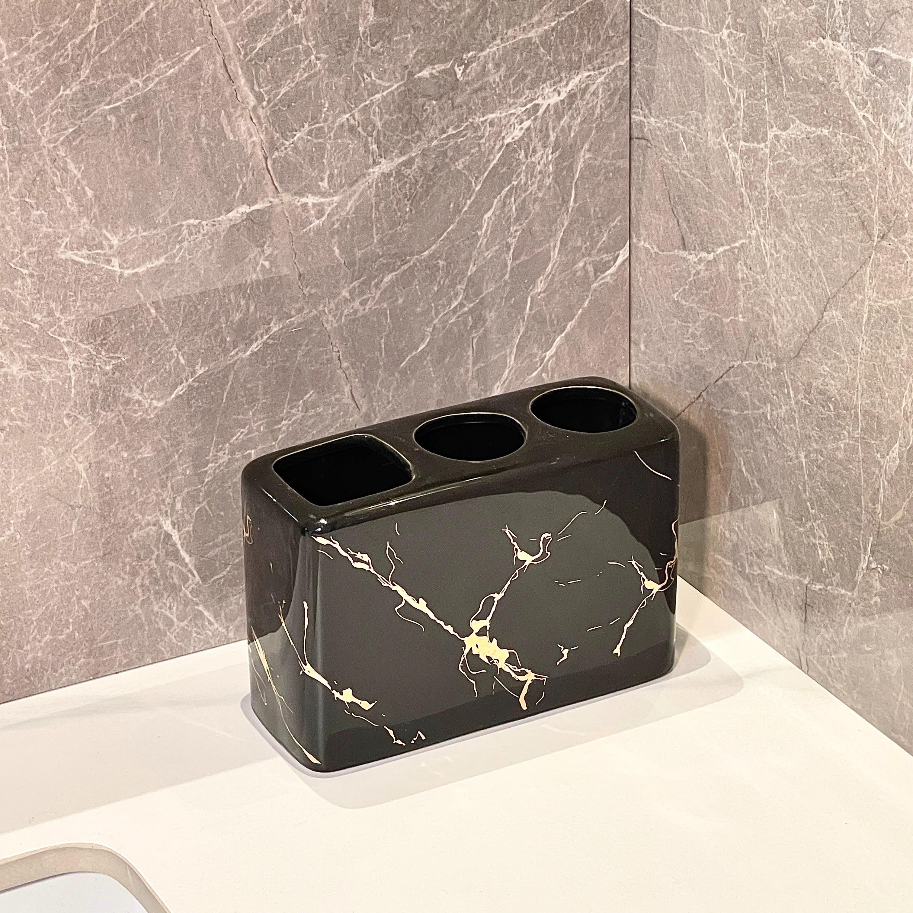 TEMU Organizador de cepillos de dientes de cerámica con de mármol - Organizador de baño texturizado de 3 ranuras, base de mesa a prueba de , juego de