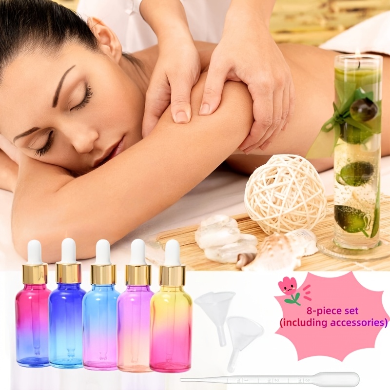 TEMU 8pcs Set (5 Bottles+2 Funnels+1 Pipette), 30ml/1.01oz Essential Oil Dropper Bottle, Empty Essential Oil Bottle For Personal Care And Beauty,