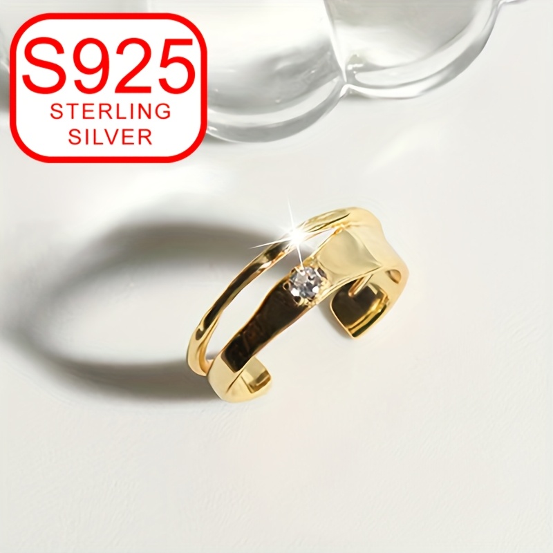 925 Silver Wave Open Ring w/ CZ for Women Adjustable Hypoallergenic