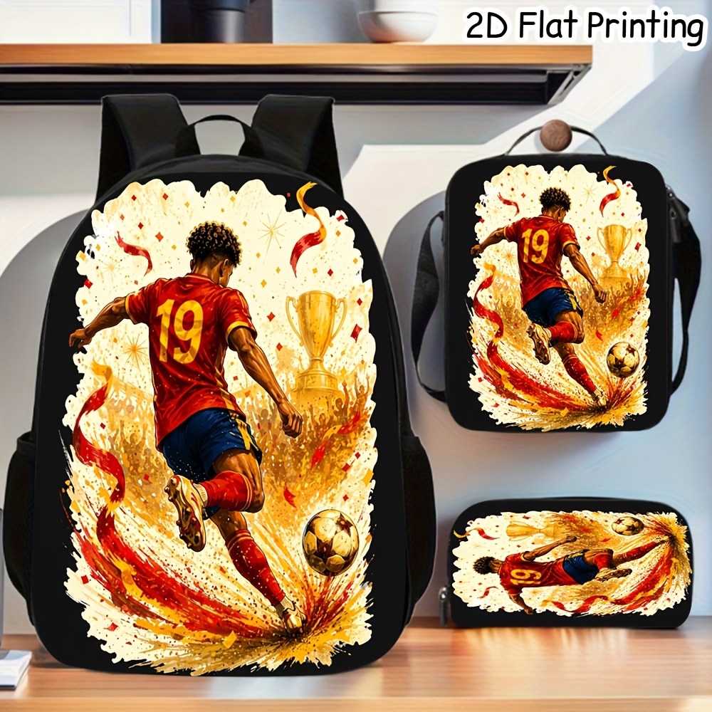 TEMU 2d Flat Printing, 3pcs Backpack, Football Player Trophy Schoolbag Set Schoolbag Set Fun Printed Design Multicolor Casual Party Travel Birthday