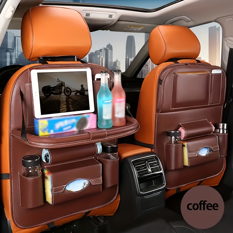 TEMU 2pcs Car Rides With This Back Seat Organizer - Includes Foldable Table Tray, Kick Mats, Tissue Box, Cup Holder, Umbrella Holder, Laptop Table & Car Eating Tray