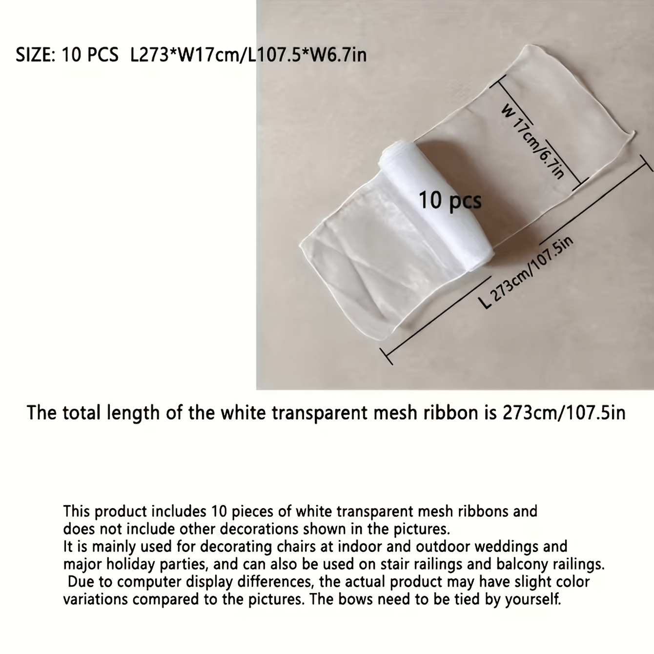 TEMU 10pcs White Sheer Wedding Mesh Ribbons, Chair Back Ribbons, Suitable For Indoor And Outdoor Weddings And Major Holiday Party Venues, Chair