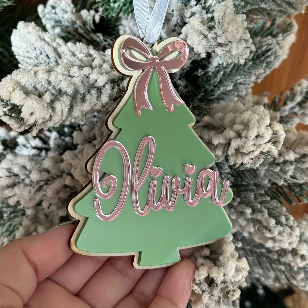 TEMU 2d Flat, Custom Name Christmas Tree Decoration Plaque With Mirror Powder Bow, Green Christmas Tree Decor, Merry Christmas Tree Ornament,