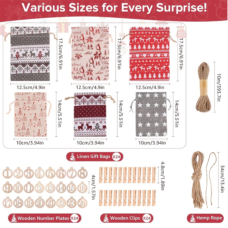 Image of Advent Calendar For Filling And Hanging, Advent Calendar Fabric Bags, With Wooden Clips, Rope, Bells, And Numbers, For Adult Christmas Calendars And Birthdays