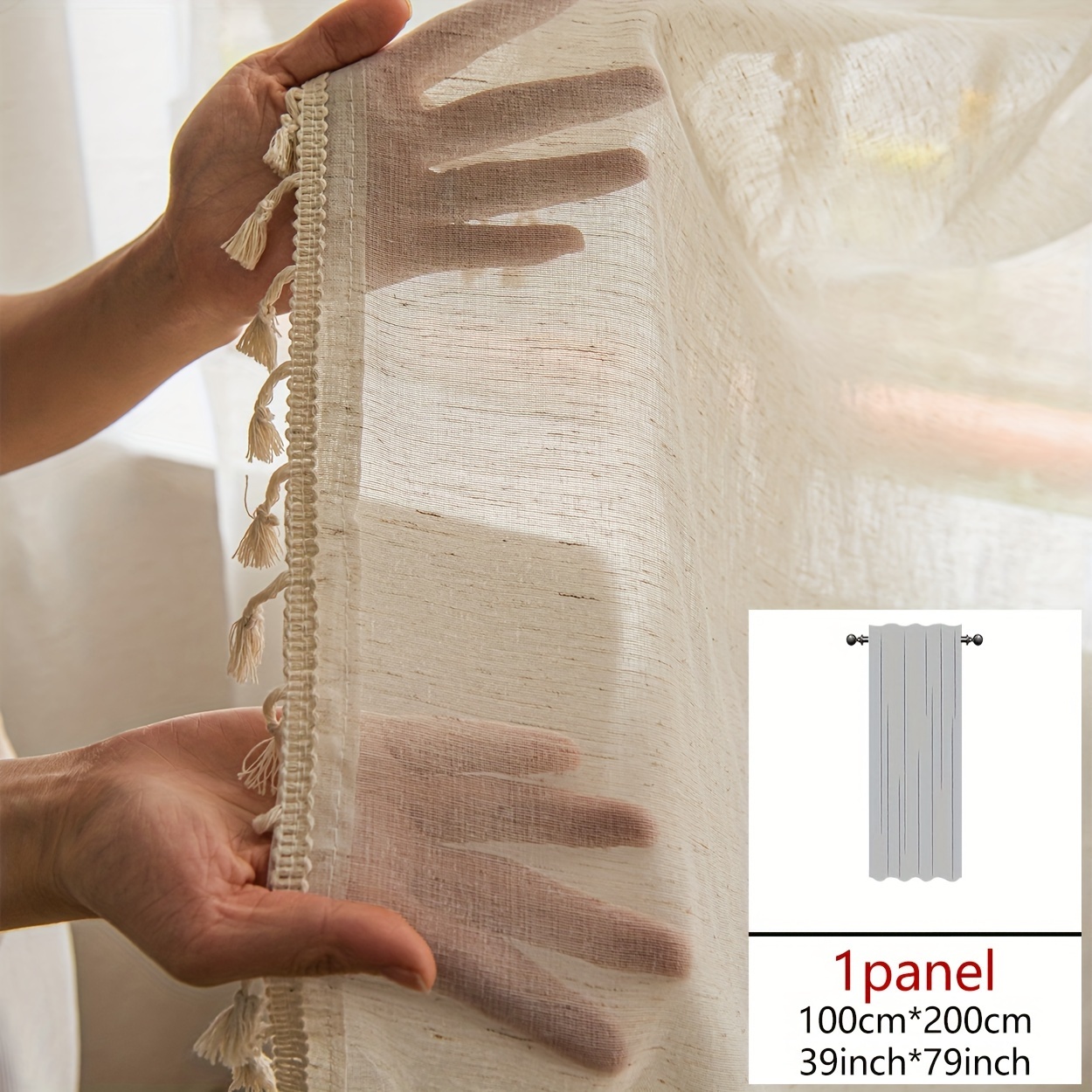 TEMU 1pc Bohemian Sheer Curtain Panel | Polyester, Light-filtering, Semi-, Rod Pocket, Uncorded, Yarn-dyed, Pastoral Theme, Ideal For Living Room,