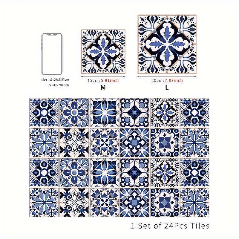 TEMU Conjunto de 24 pegatinas de azulejos autoadhesivas con patrón floral vintage en azul, impermeables y resistentes al aceite, ideales para decorar paredes de cocina