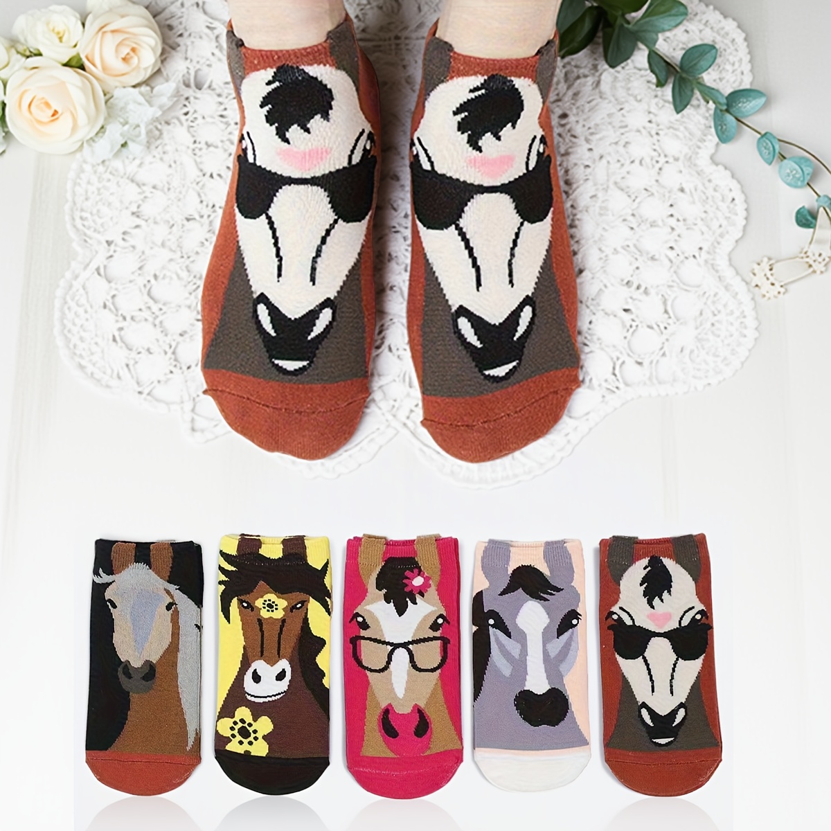 5-pack Horse Equestrian Stockings - Unisex Horse Head & Horse Hoof Design Socks, Hand Washable Animal Themed For , Themed Costume Parties, Horse, Roleplay - 5-pack (5 Socks)