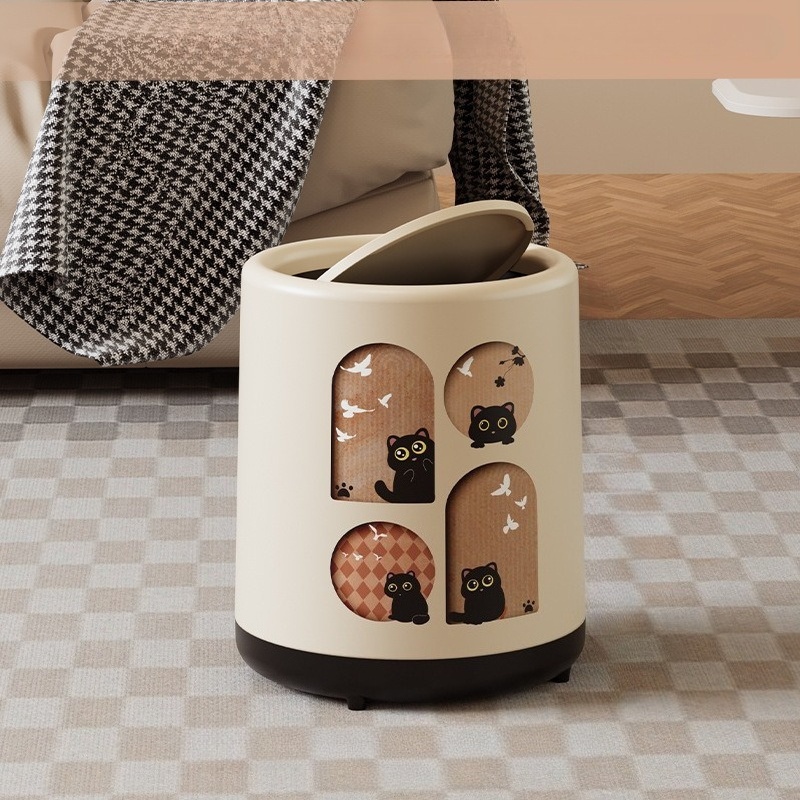 Modern Nordic Style Large Rectangular Two-Tier Automatic Lid & Foot Pedal Trash Can with Beige & Brown Cat Design - Heavy-Duty Leakproof Plastic Bin with Sturdy Base, Space-Saving Storage for Living Room, Bedroom, Kitchen, Bathroom - Ideal for Large Families, Home Decor, Dual-Layer Leakproof Mechanism, Press-to-Open Lid, Durable Plastic Construction, Minimalist Aesthetic, Cute Trash Can, Narrow Trash Can, Diaper Trash Can