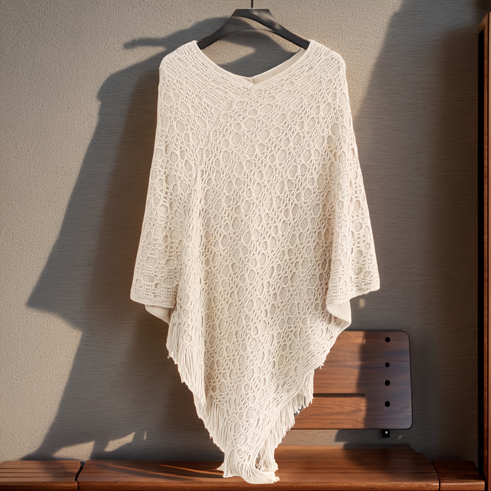 Image of 1pc Autumn/winter Fringe Cape Shawl Sweater Cardigan For Women, Pullover Loose Hollow-out Batwing Top