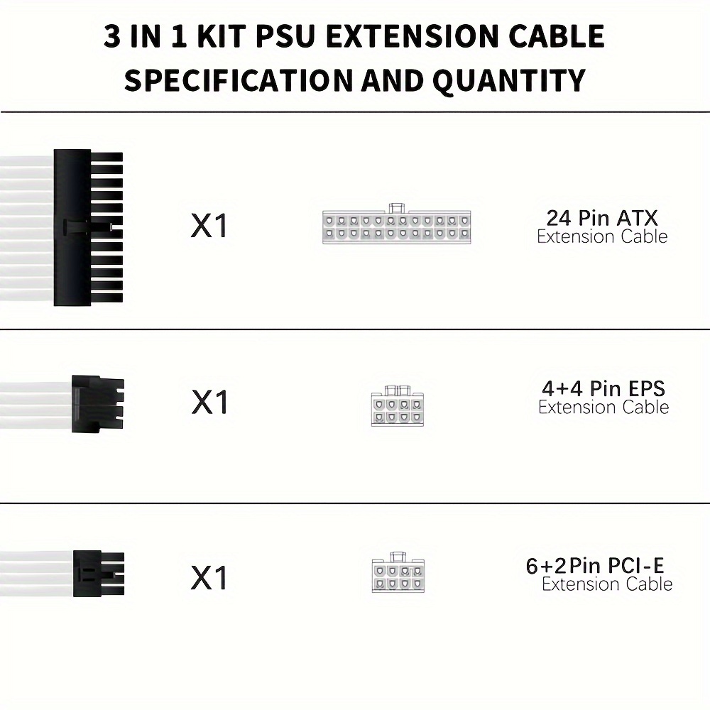 psu extension cable kit atx 24pin pci e 8pin eps cpu 8pin customization mod sleeved supply cable kit details 0