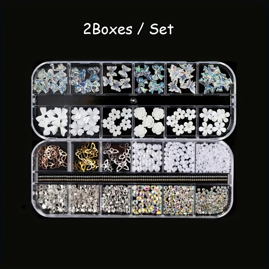 Image of 2boxes Mixed Color 3d Nail Art Charms Set With Rhinestones- Funny | Floral | Bow | Designs Nail Decoration Crafts Accessories For Hands And Feet, Diy Manicure Decorations Kit For Women S