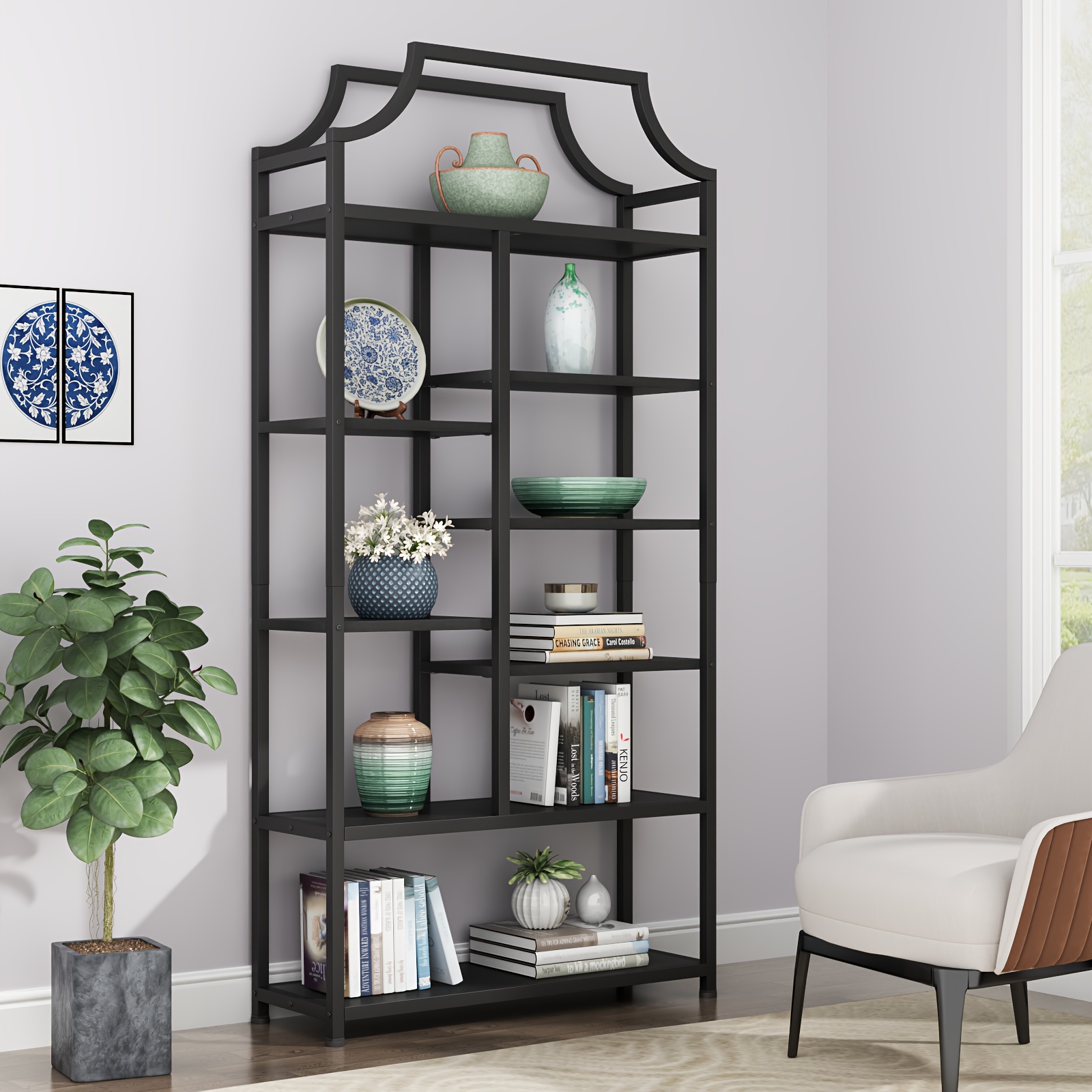 8-Tier Entryway Ladder Shelf - Tall Storage & Display Rack With White Shelves - Golden & Black Options - Perfect For Hallway, Living Room, Bedroom