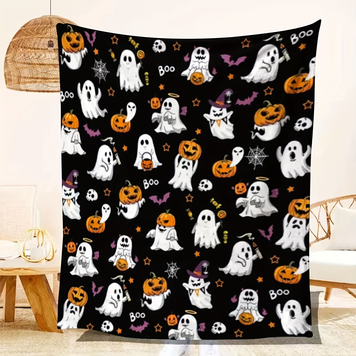 

And Pumpkin Print Knitted Throw Blanket – Asian-, Patterned With Embellishments, Occasion-themed, For All , 100% Polyester Gift Blanket