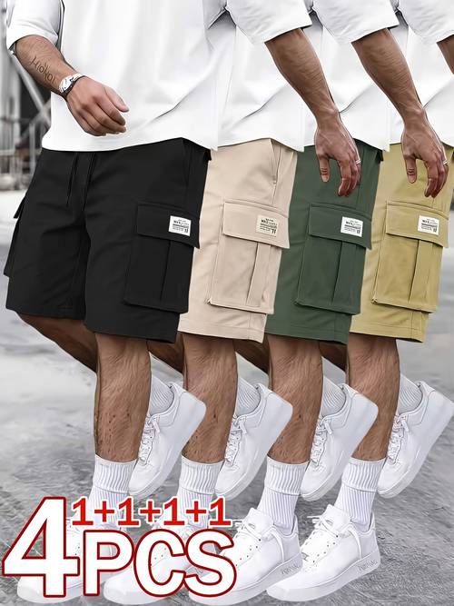 4pcs mens summer outdoor casual cargo shorts utility multi drawstring waist loose casual suitable for daily wear friend school parties ideal gift for boyfriend son